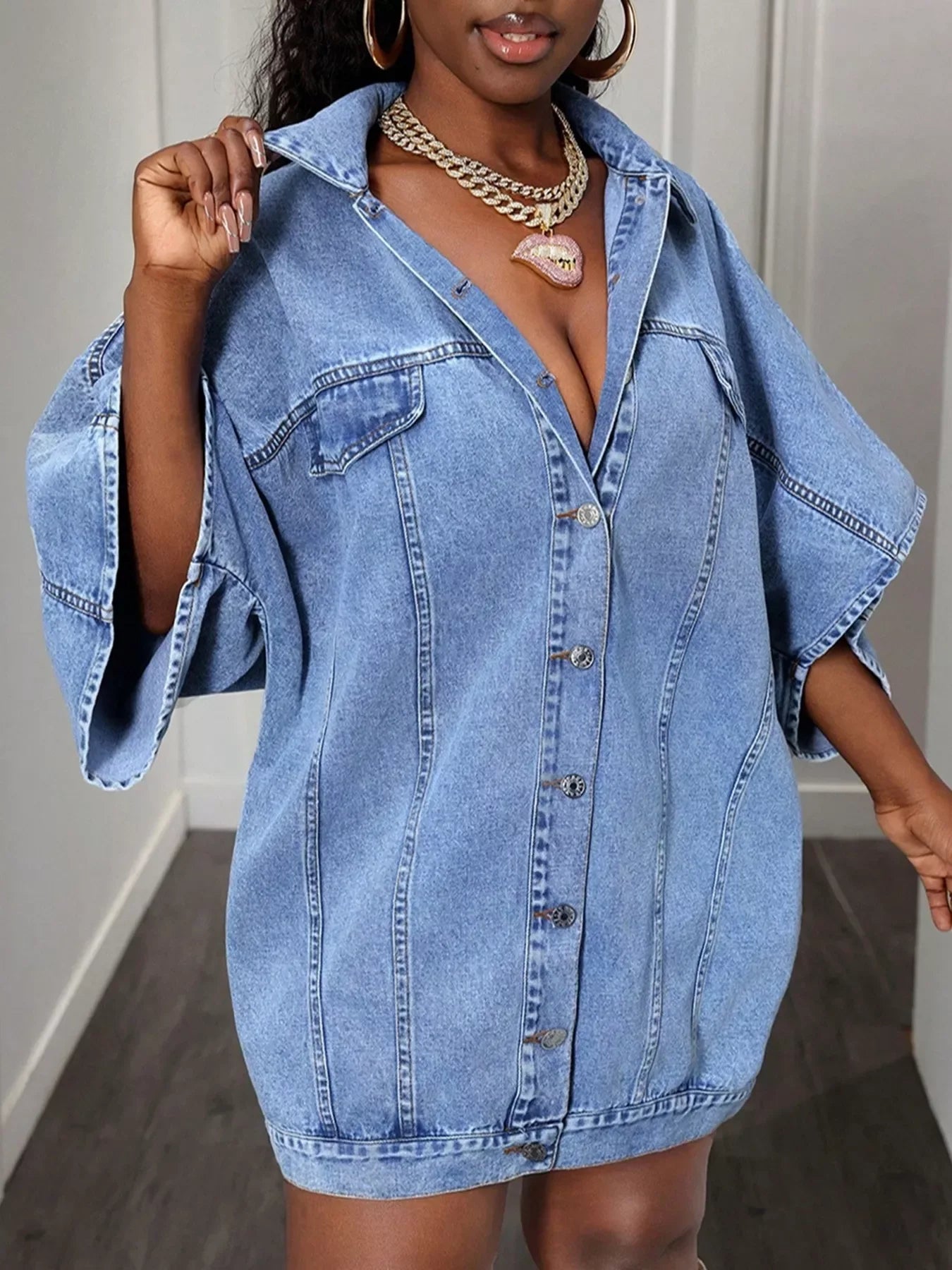 Oversized Batwing Sleeve Denim Top - Makw Official Site