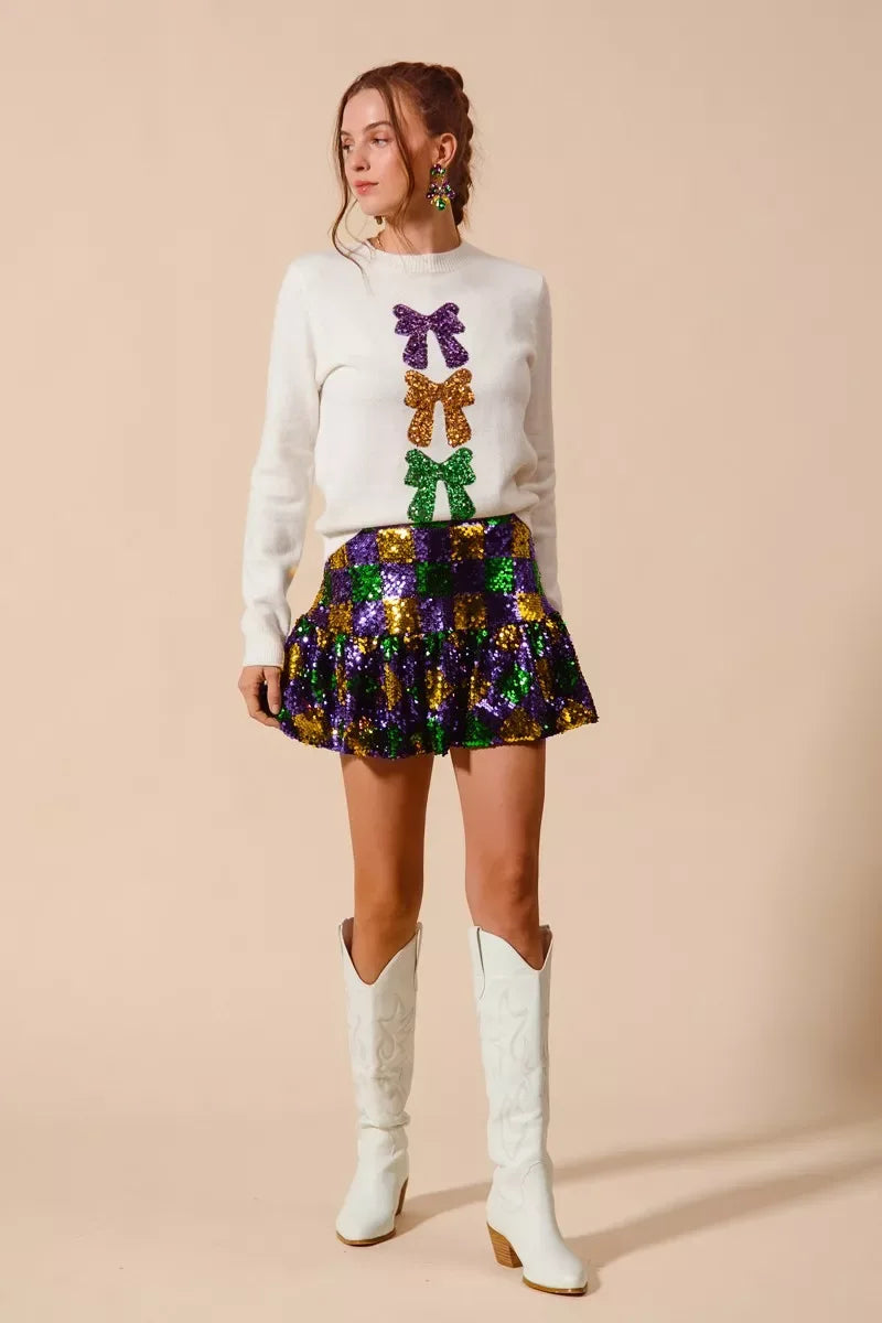 SO ME Mardi Gras Checker Sequins Mini Skirt - Makw Official Site