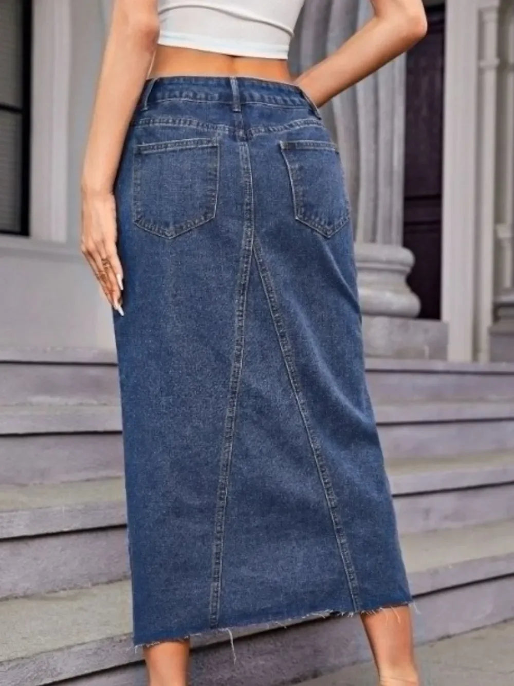 Slit Midi Denim Skirt with Pockets - Makw Official Site