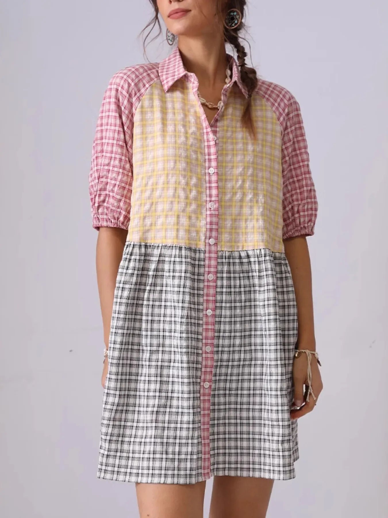 Colorful Mixed Gingham Shirt Dress - Makw Official Site