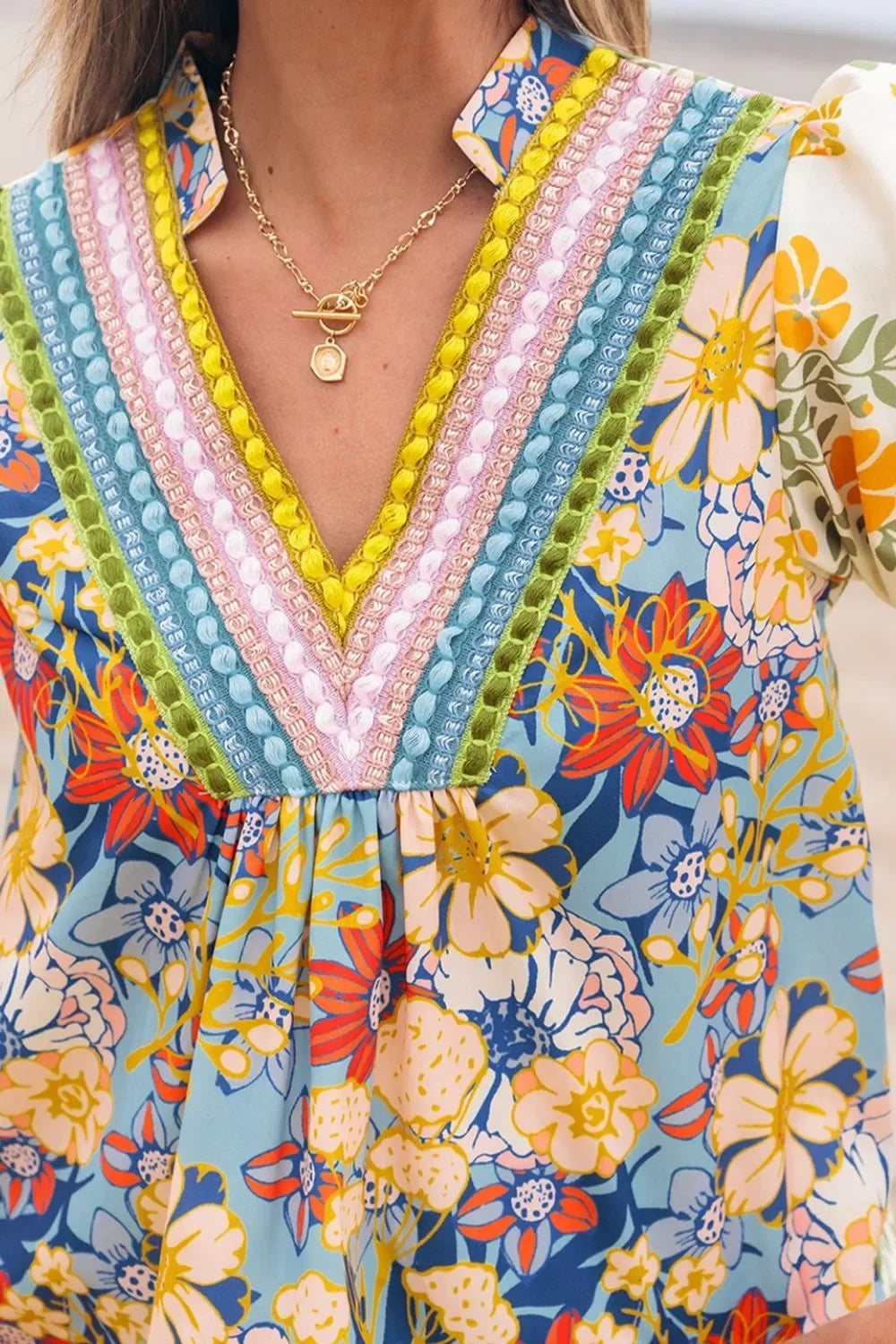 Multicolour Crochet V Neck Half Sleeve Boho Floral Blouse - Makw Official Site