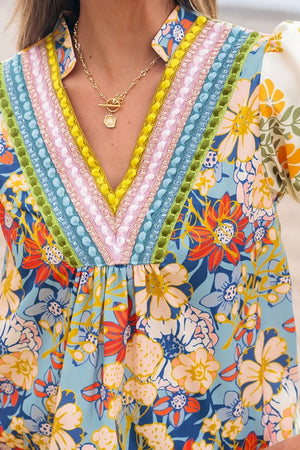 Multicolour Crochet V Neck Half Sleeve Boho Floral Blouse - Makw Official Site