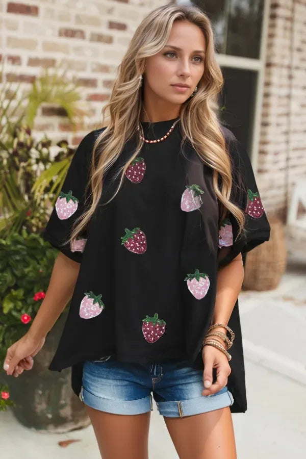 Sequin Strawberry High Low Half Sleeve Relaxed Fit T-Shirt - Makw Official Site