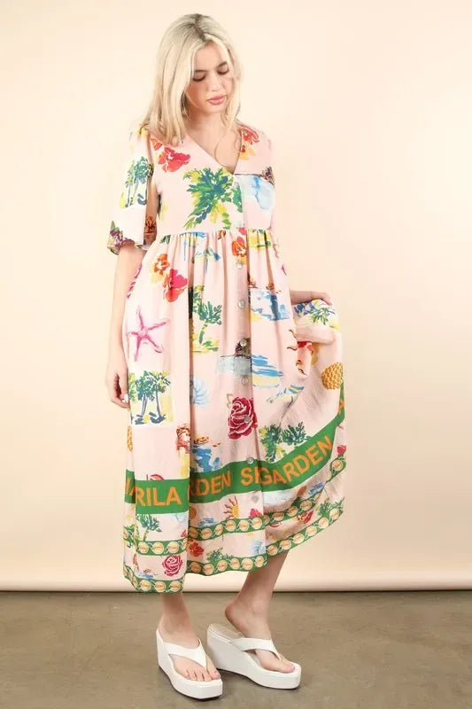 VERY J Button Down Printed Midi Dress - Makw Official Site