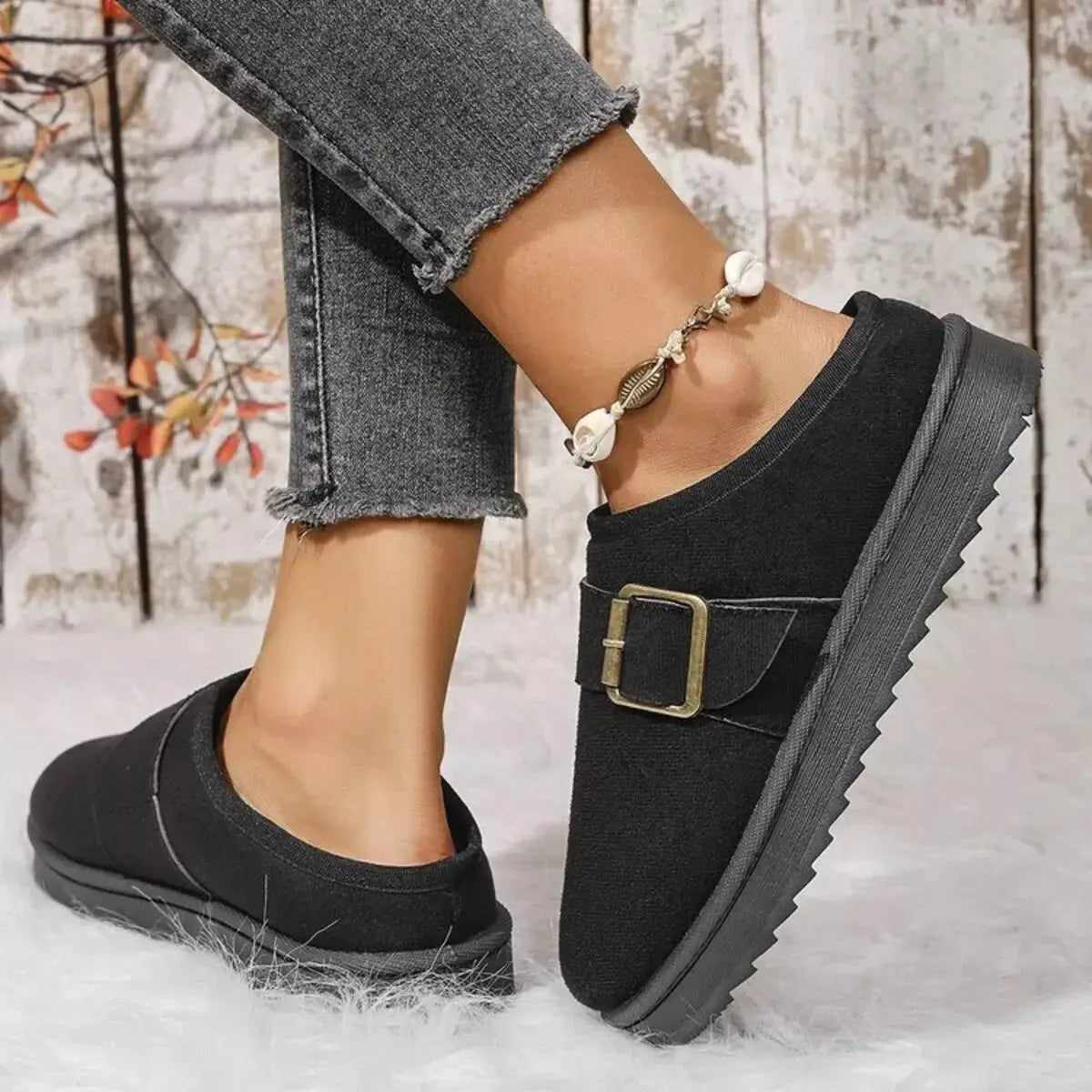 Buckle Decor Plush Lined Warm Slippers - Makw Official Site