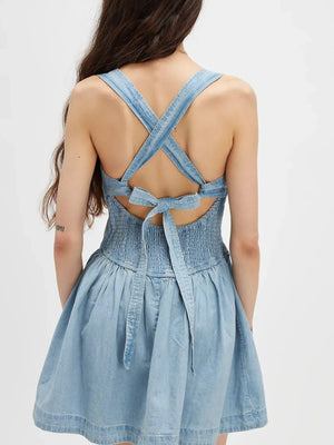 Smocked Crisscross Back Denim Mini Dress - Makw Official Site