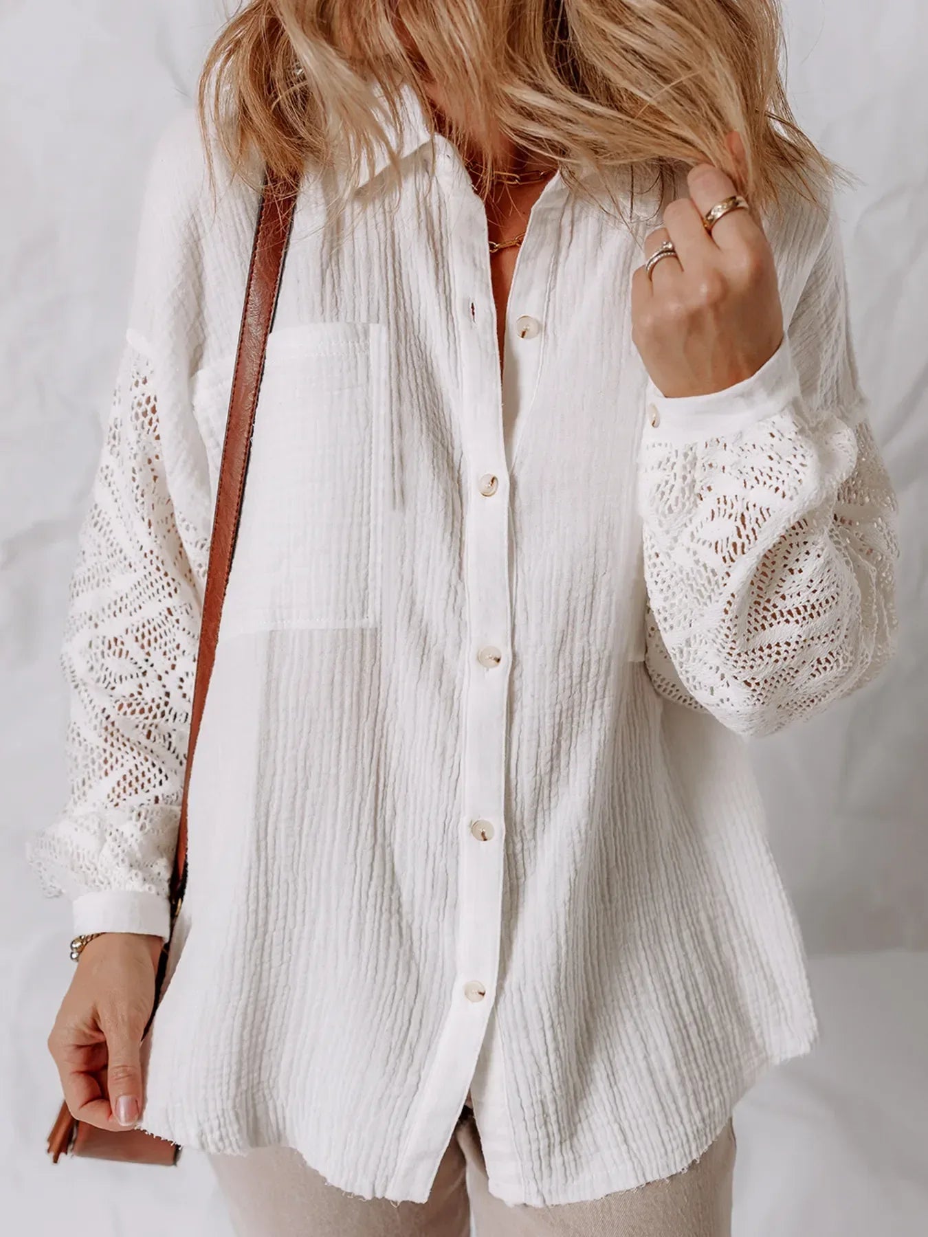 Lace Sleeve Button Down Shirt - Makw Official Site