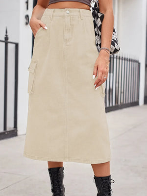 Slit Buttoned Denim Skirt with Pockets - Makw Official Site