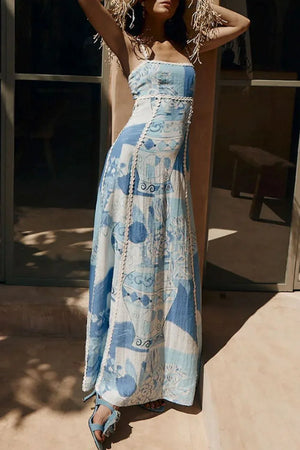 Cutout Back Printed Square Neck Maxi Dress - Makw Official Site