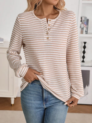 Striped Button Detail Long Sleeve Top - Makw Official Site