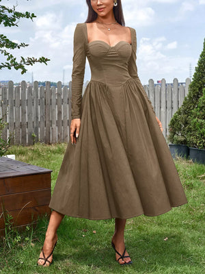 Sweetheart Neckline Long Sleeve A-Line Midi Dress - Makw Official Site