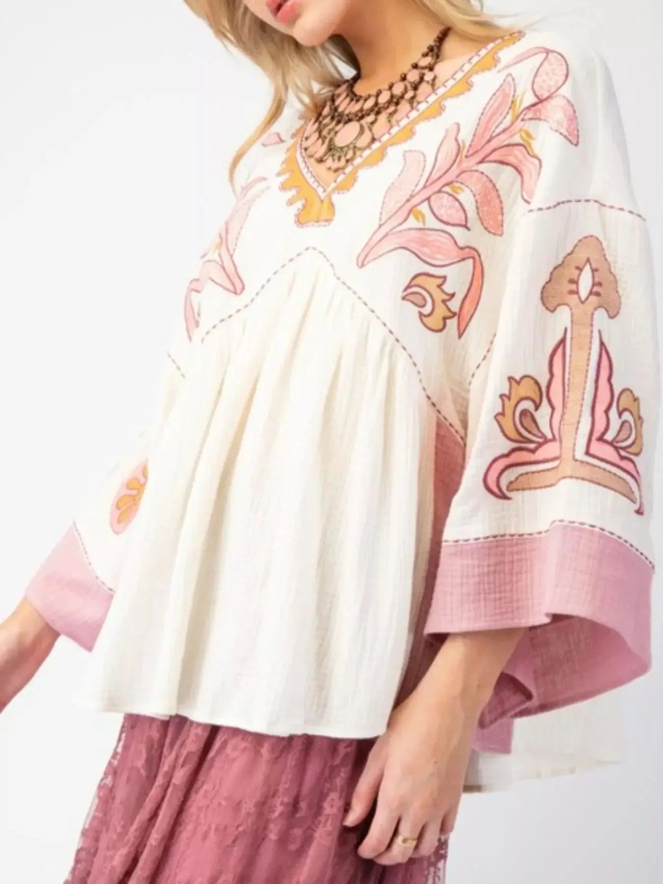 Printed V-Neck Top with Contrast Trim Details - Makw Official Site