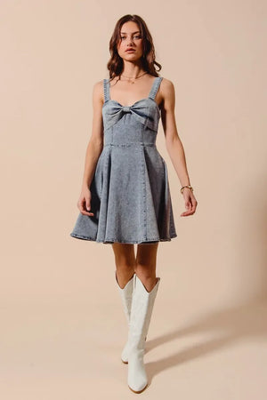 SO ME Mineral Washed Bow Ribbon Denim Flare Dress - Makw Official Site