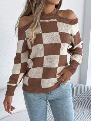 Cold Shoulder Checkered Long Sleeve Sweater - Makw Official Site