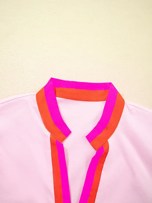 Contrast Trim Notched Short Sleeve Blouse - Makw Official Site