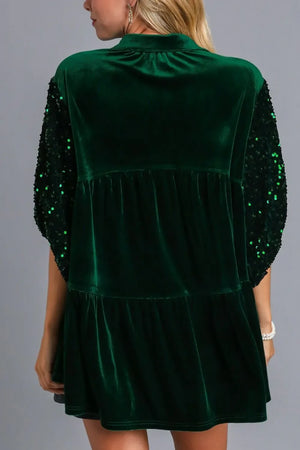 Umgee Sequin Detail Tiered Back Half Sleeve Shirt - Makw Official Site