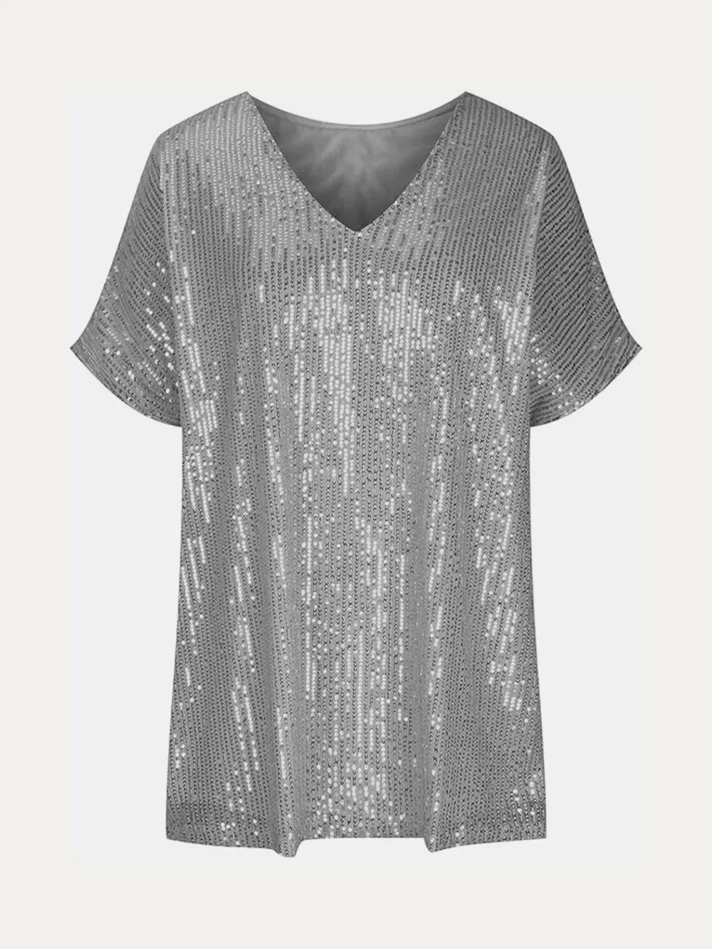 Full Size Sequin V-Neck Short Sleeve Top - Makw Official Site