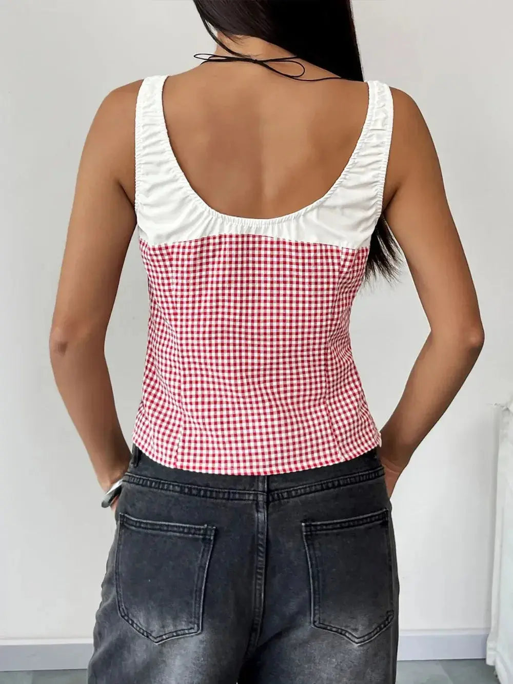 Perfee Contrast Plaid Square Neck Tank - Makw Official Site