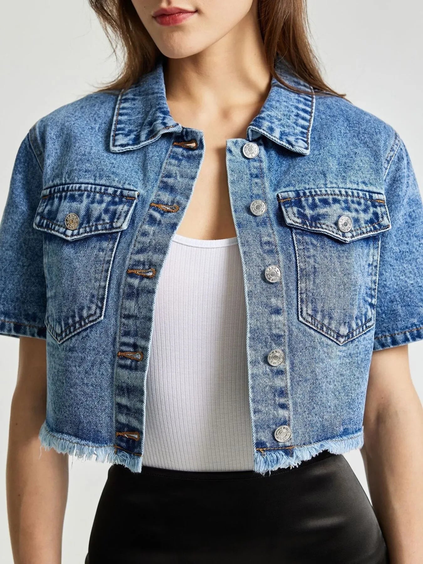 Cropped Short Sleeve Denim Jacket with Frayed Hem - Makw Official Site