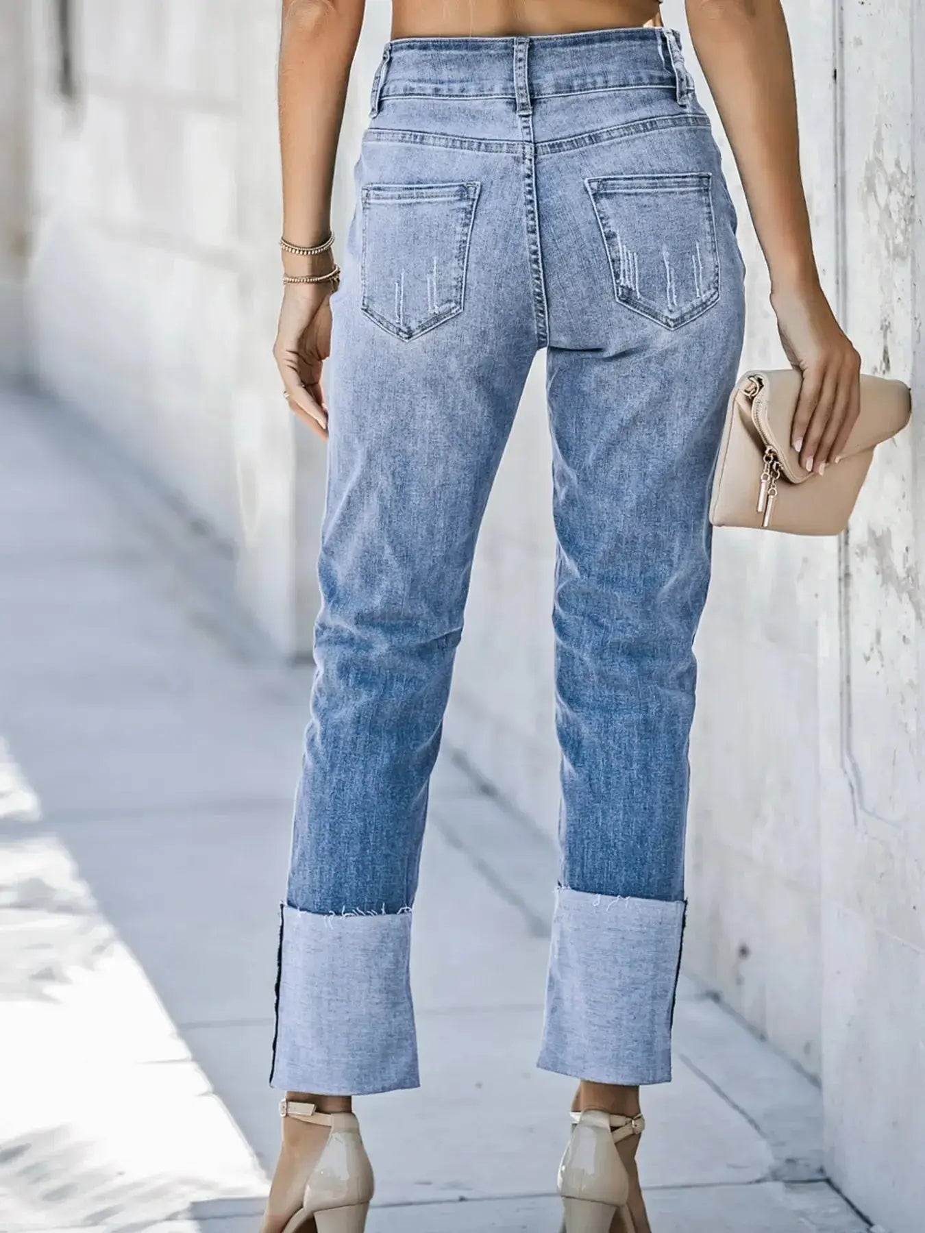 High Waist Distressed Straight Leg Jeans - Makw Official Site
