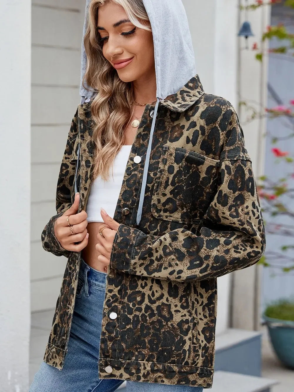 Pocketed Leopard Long Sleeve Denim Jacket - Makw Official Site