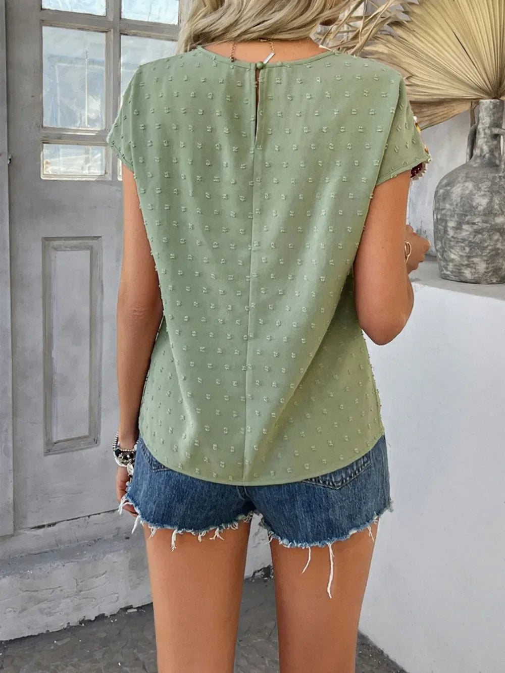 Devine Swiss Dot Round Neck Crochet Short Sleeve Top - Makw Official Site