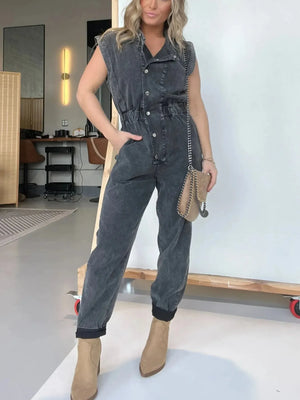 Full Size Button Front Cap Sleeve Denim Jumpsuit Plus Size - Makw Official Site