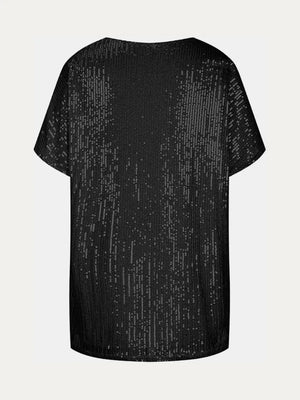 Full Size Sequin V-Neck Short Sleeve Top - Makw Official Site