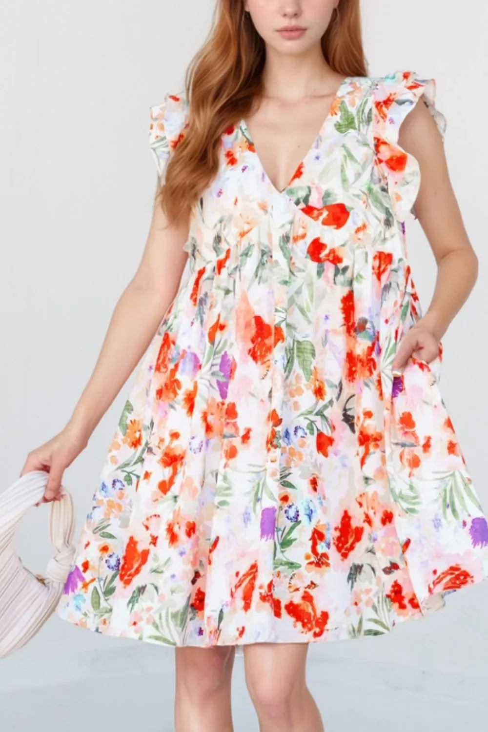 Floral Double Ruffle Sleeve V Neck Mini Dress - Makw Official Site