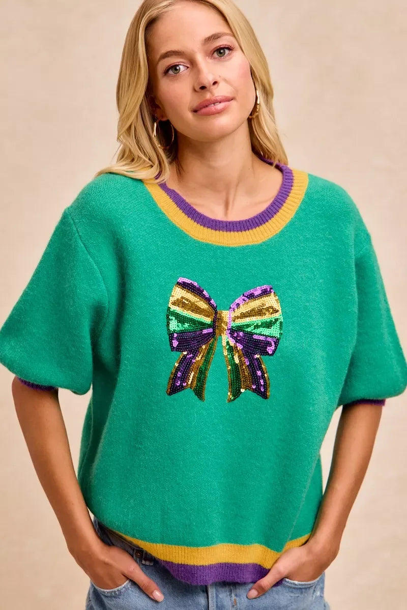BiBi Mardi Gras Sequin Ribbon Patched Sweater - Makw Official Site