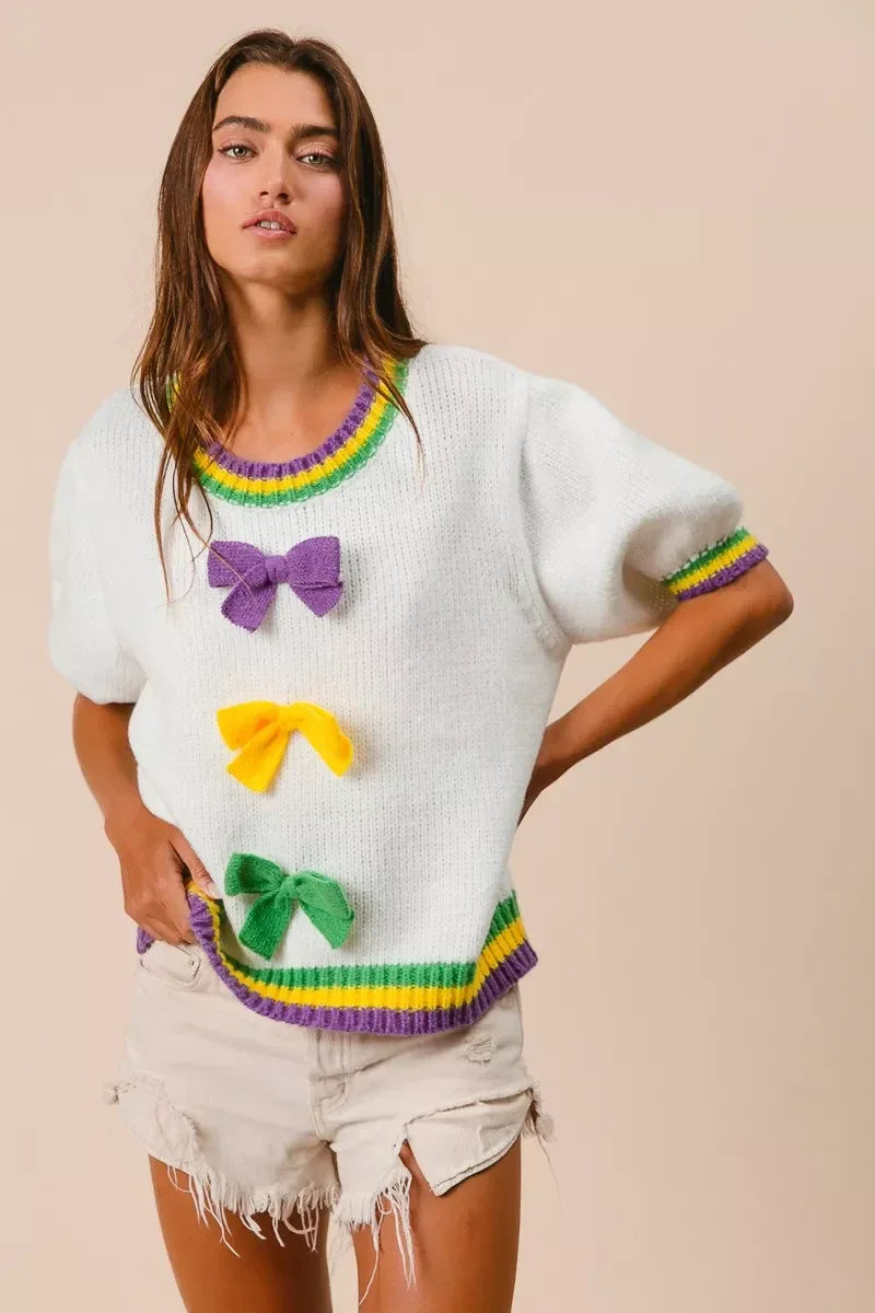 BiBi Short Puff Sleeve Ribbon Bow Mardi Gras Sweater - Makw Official Site
