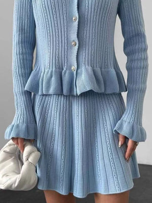 Ruffle Trim Knit Cardigan & Skirt Set - Makw Official Site