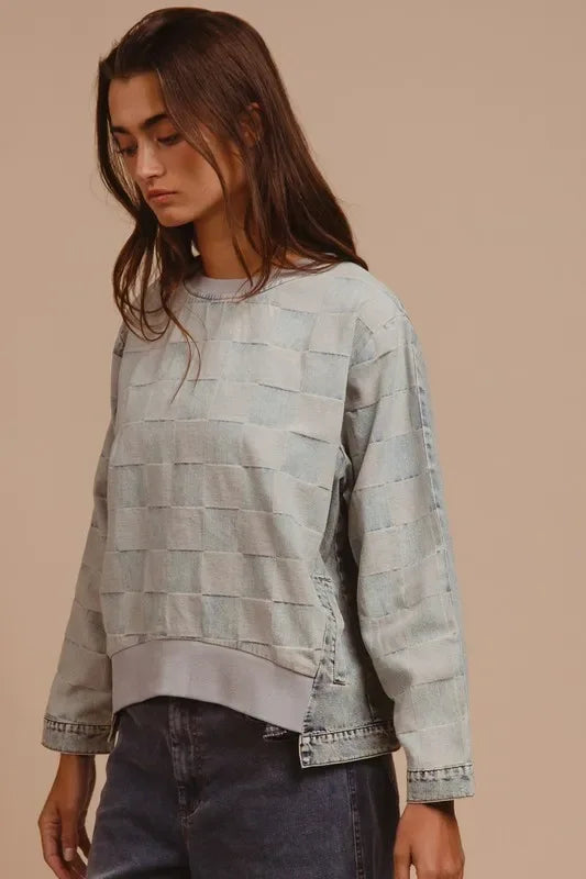 BiBi Mineral Washed Checkered Round Neck Denim Top - Makw Official Site
