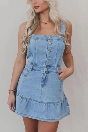 Ruffled Hem Button Front Square Neck Denim Dress - Makw Official Site
