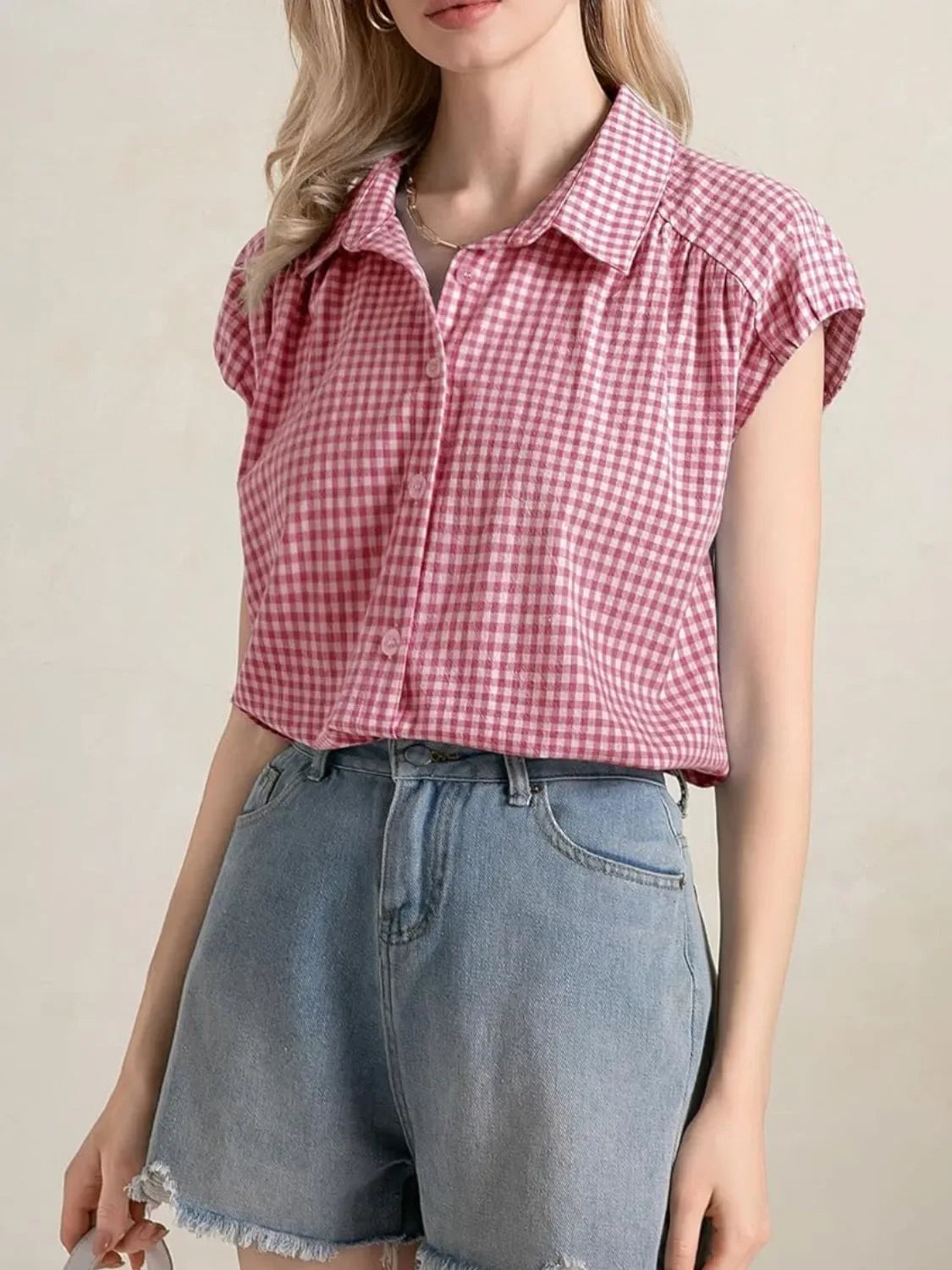 Plaid Button Up Cap Sleeve Shirt - Makw Official Site