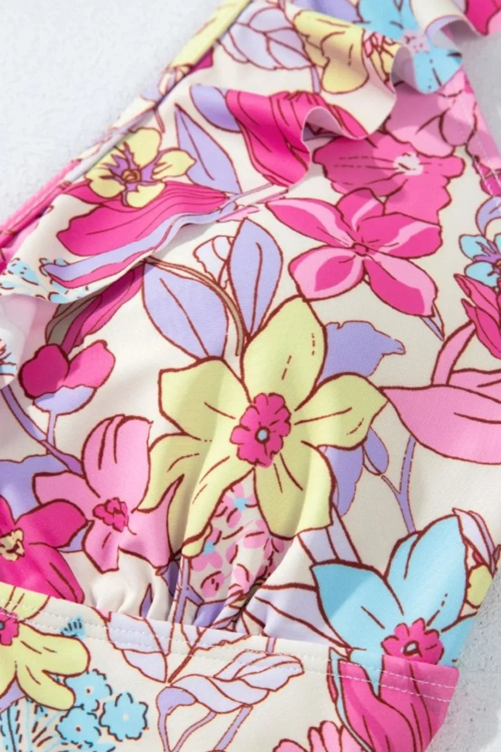 Floral Ruffle Trim Tummy Control One Piece Swimsuit - Makw Official Site