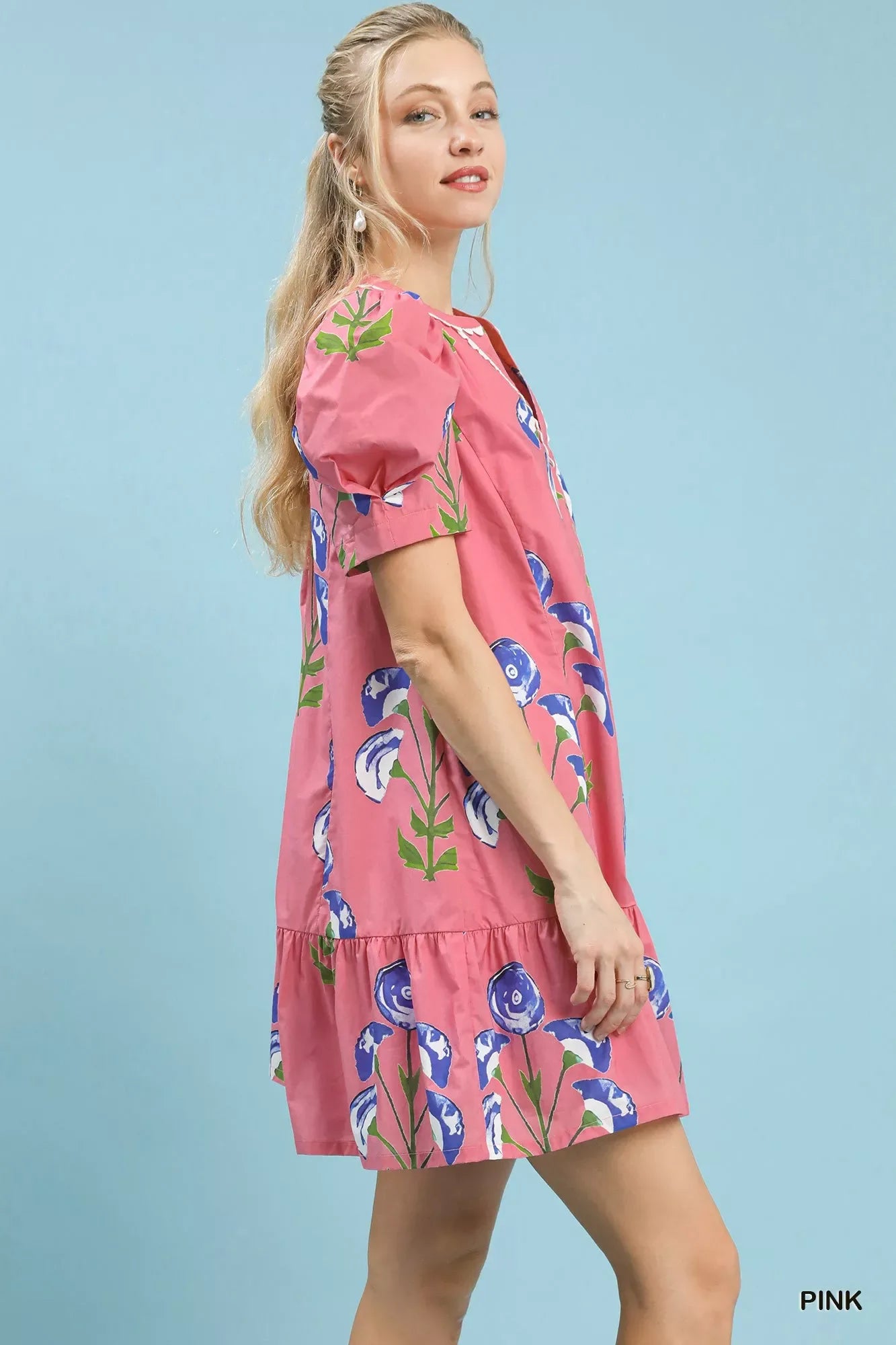 Umgee Floral Print Puff Sleeve Mini Dress with Scallop Trim - Makw Official Site