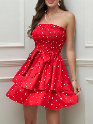 Smocked Heart Print Tube Dress - Makw Official Site
