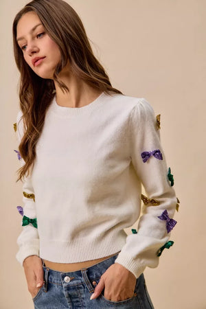 SO ME Mardi Gras Glitter Bow Ribbon Sweater Knit Top - Makw Official Site