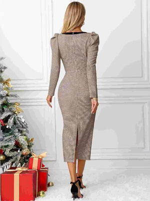 Houndstooth Bow Square Neck Dress - Makw Official Site