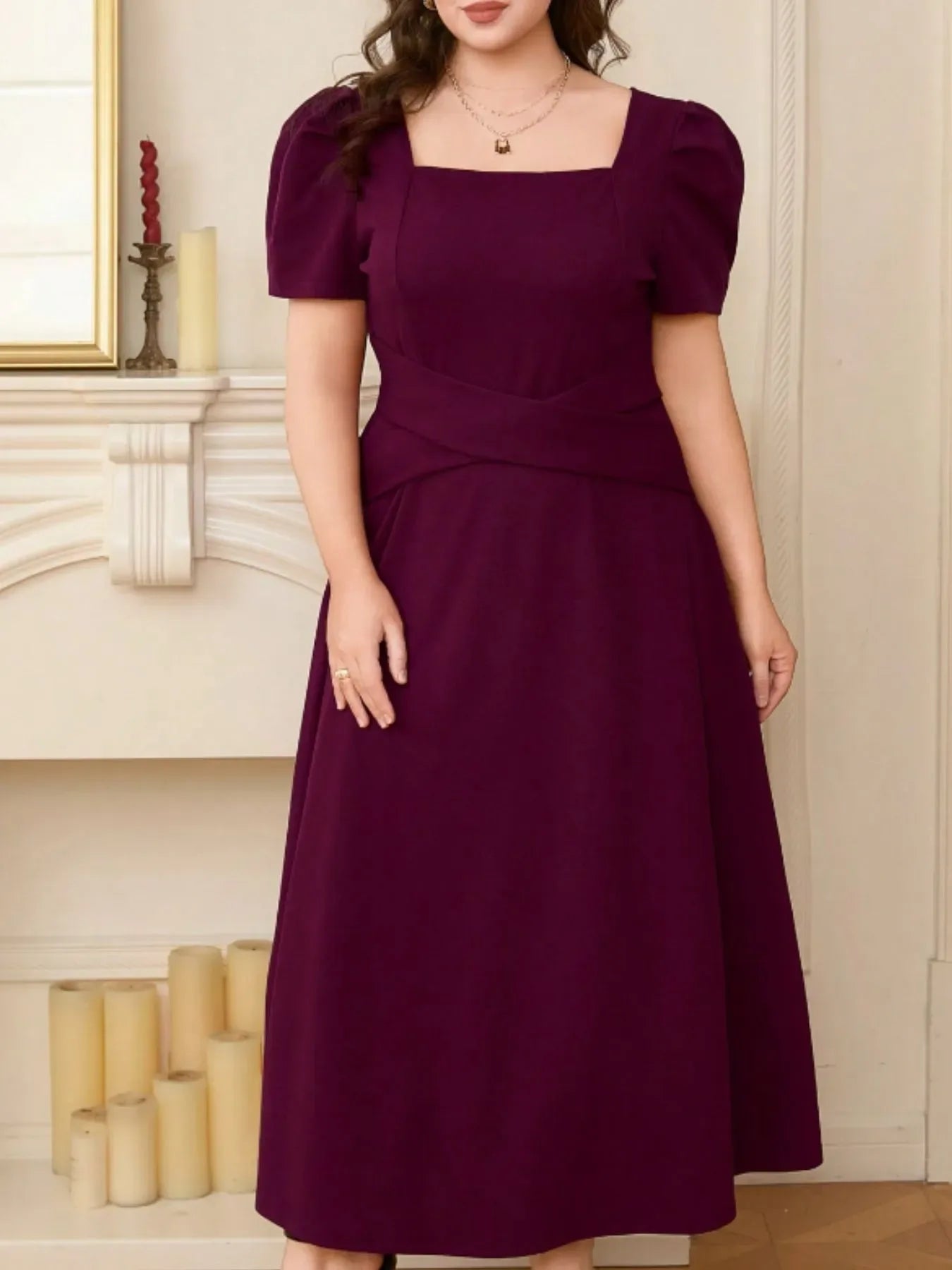 Plus Size Square Neck Puff Sleeve Midi Dress - Makw Official Site
