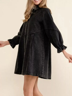 Ruffled Cuff Button-Down Denim Dress - Makw Official Site