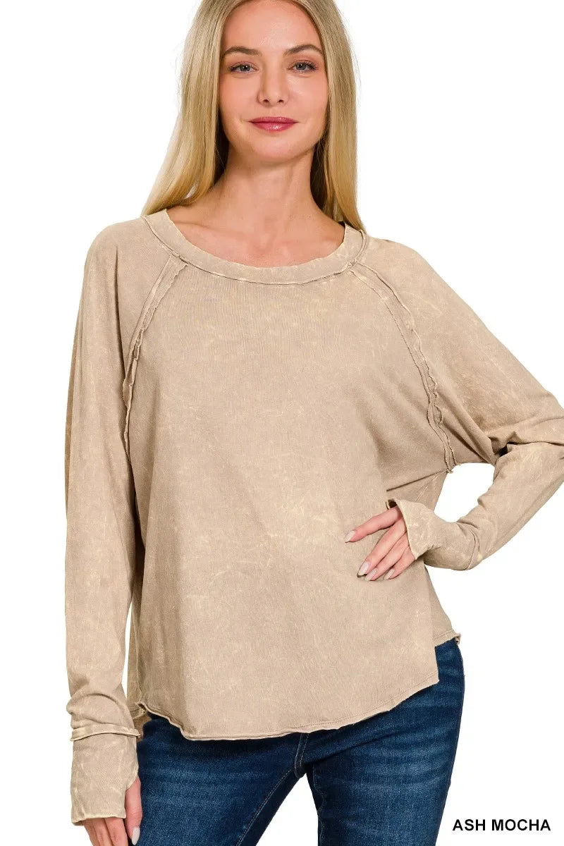 Zenana Crinkle Washed Thumb Hole Cuffs Long Sleeve Top - Makw Official Site