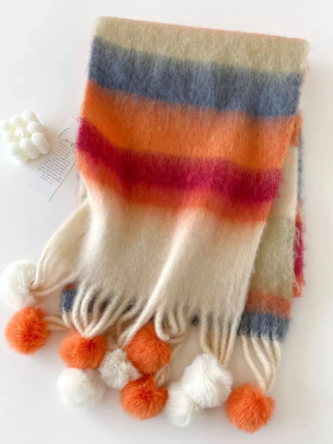 Rainbow Striped Fuzzy Scarf with Pom-Poms - Makw Official Site