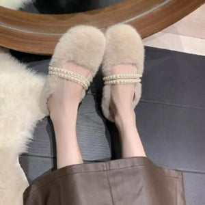 Pearl Embellished Plush Slippers - Makw Official Site