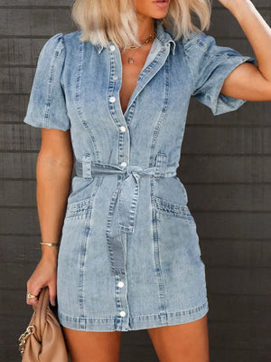 Puff Sleeve Button Up Mini Denim Dress - Makw Official Site