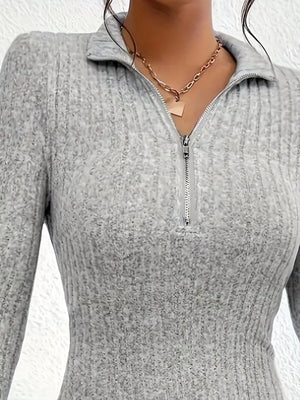 Ribbed Knit Bodycon Mini Dress with Zipper - Makw Official Site