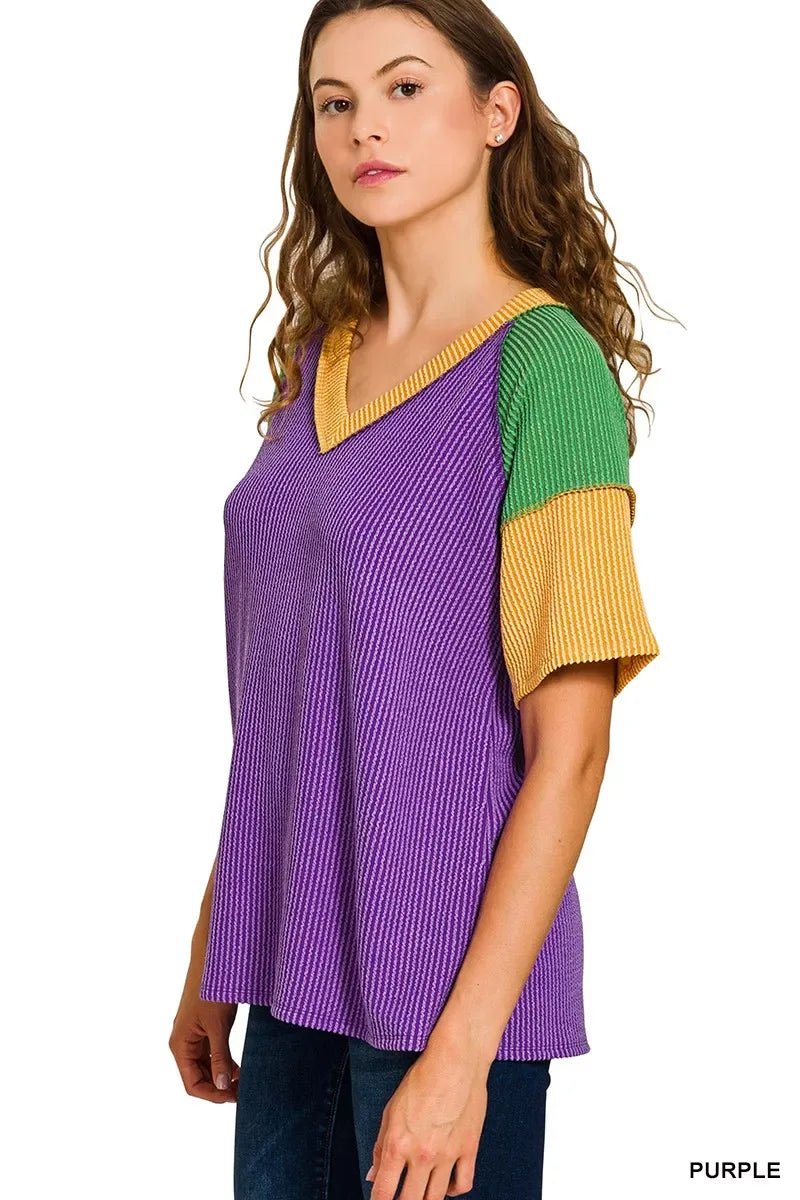 Zenana Mardi Gras Raised Rib Color Block Top - Makw Official Site