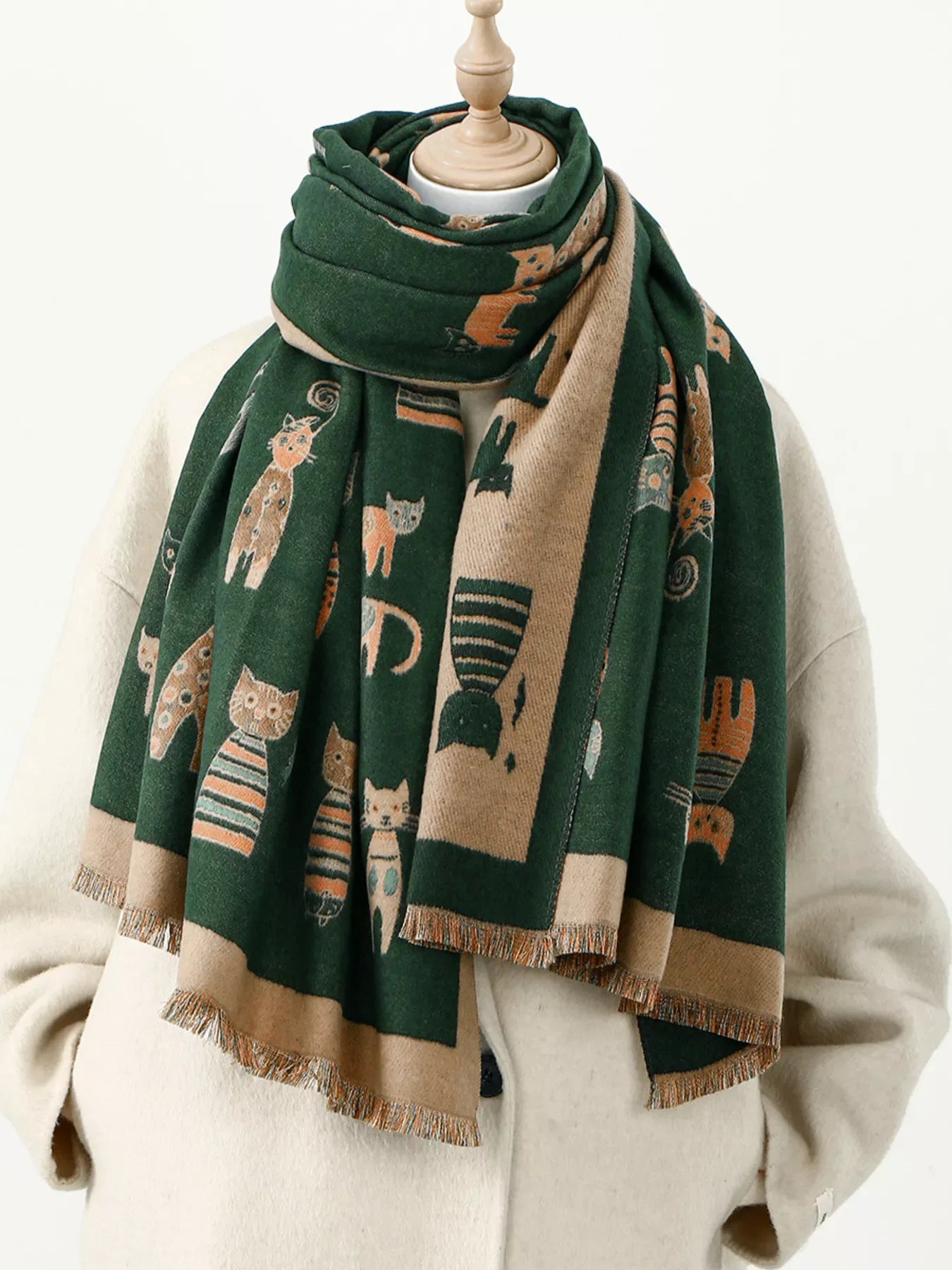 Cute Cat Pattern Raw Hem Scarf - Makw Official Site