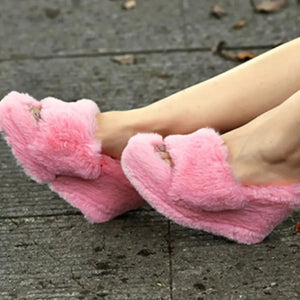 Fluffy Platform Wedge Slippers - Makw Official Site